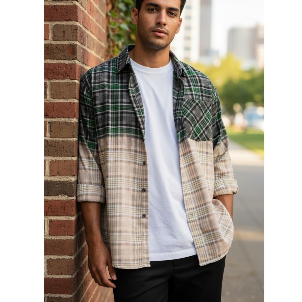 FOREVER 21 Two Tone Plaid Flannel Shirt Men's Green Tan Bleached SIZE M - Picture 2 of 4